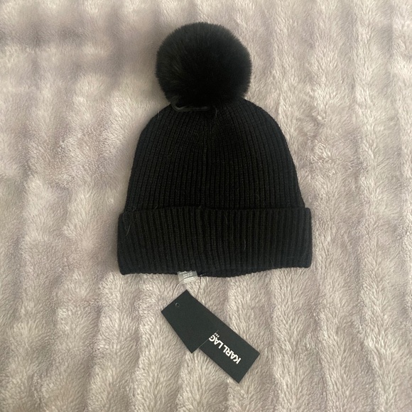 Karl Lagerfeld Beanie - Black - With Pom and Rhinestoned Iconic Logo - NWT - Picture 2 of 3